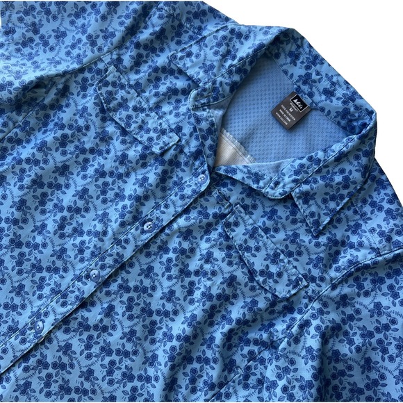 REI Tops - REI Co-op Sahara Shirt Womens M Fitted Floral Blue Short Sleeve Hiking Pockets